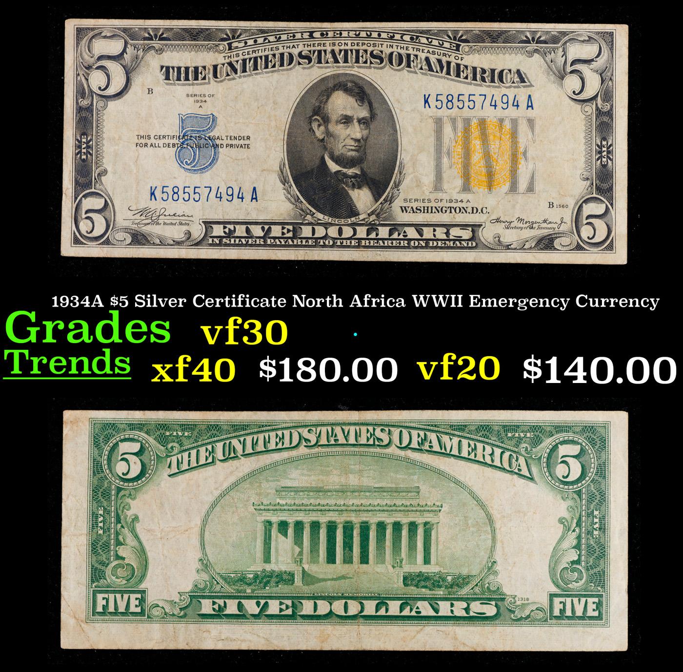 1934A $5 Silver Certificate North Africa WWII Emergency Currency Grades vf++