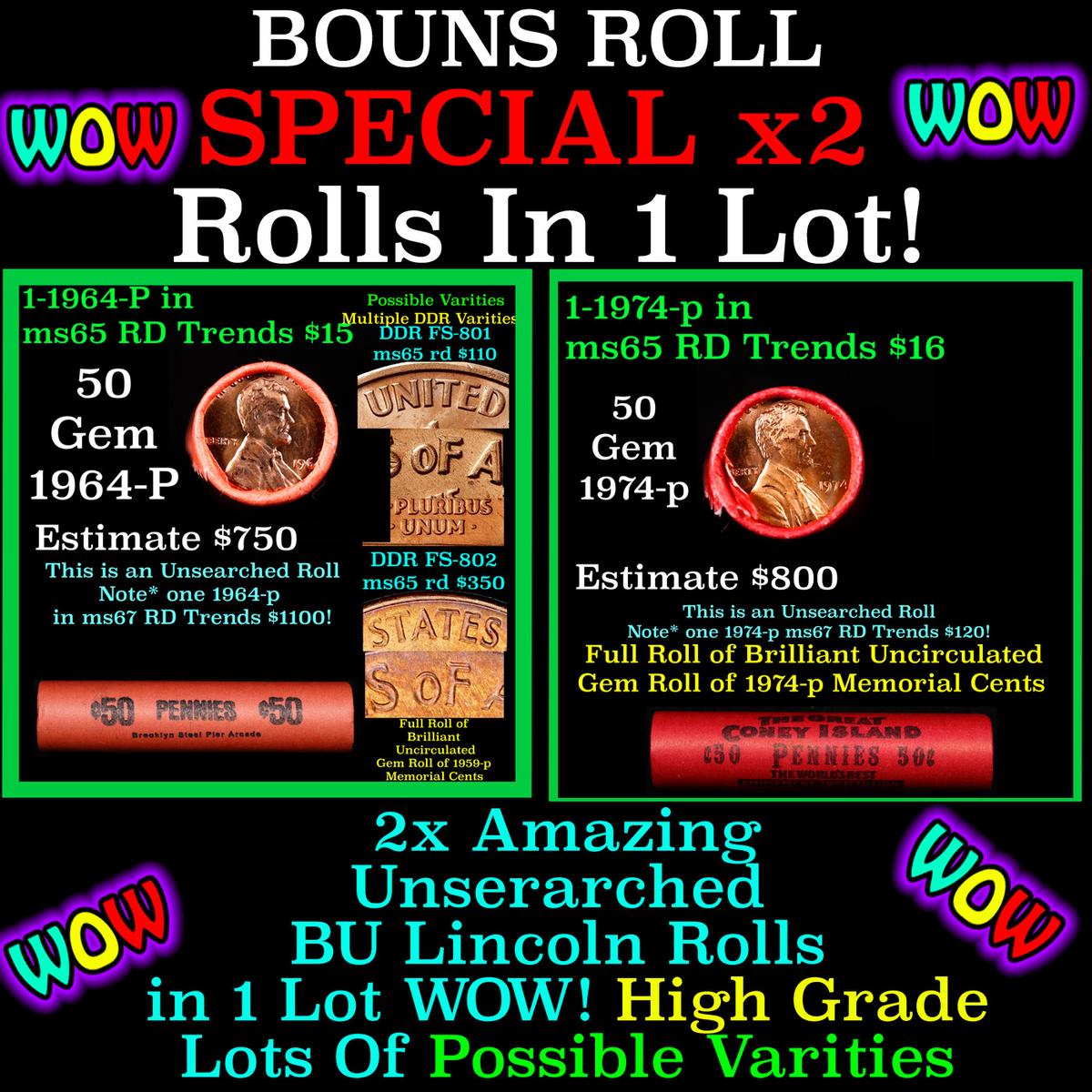 2x BU Shotgun Lincoln 1c rolls, 1974-p & 1964-p 50 pcs Each 100 Coins Total 50c