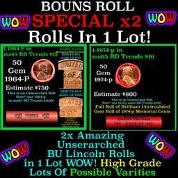 2x BU Shotgun Lincoln 1c rolls, 1974-p & 1964-p 50 pcs Each 100 Coins Total 50c