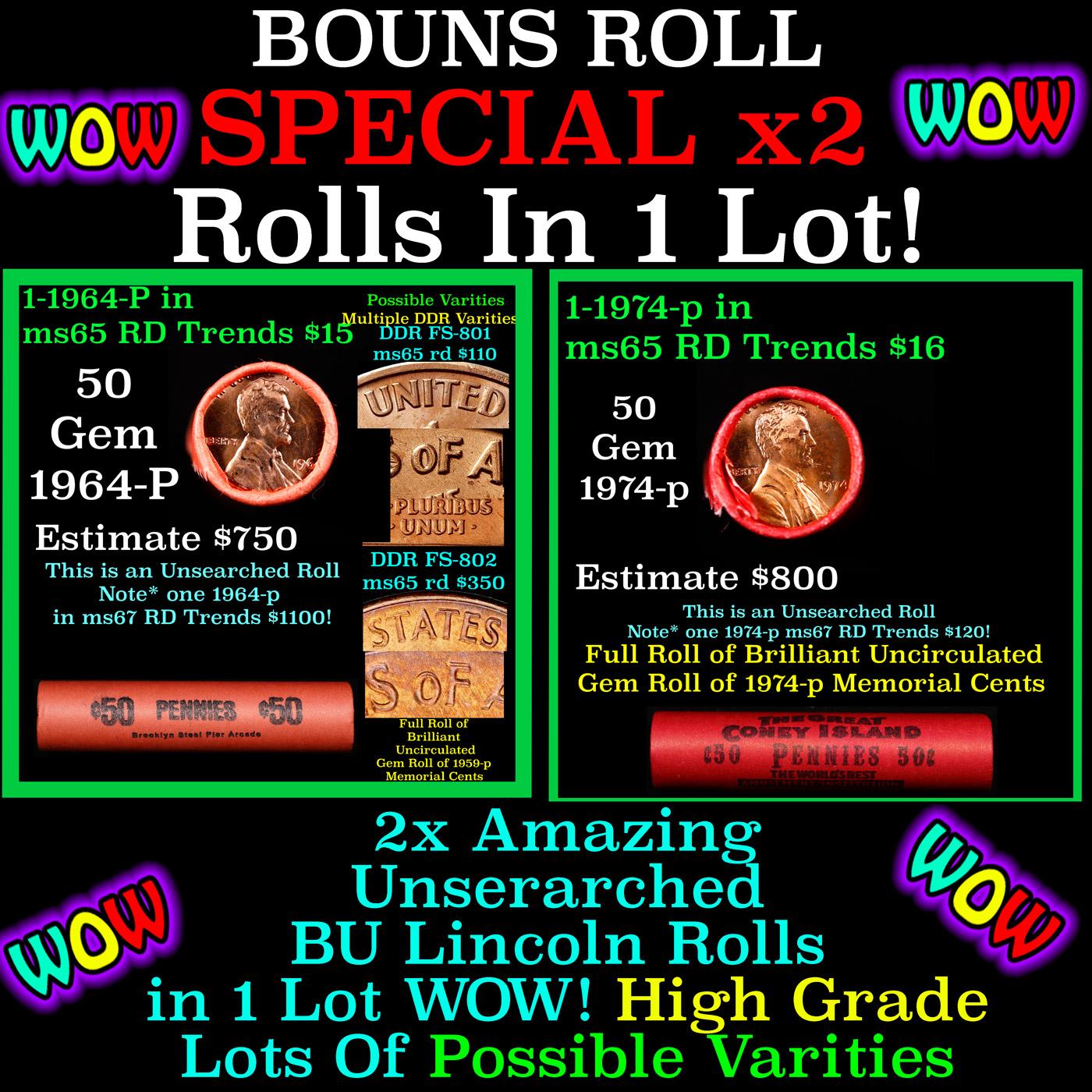 2x BU Shotgun Lincoln 1c rolls, 1974-p & 1964-p 50 pcs Each 100 Coins Total 50c