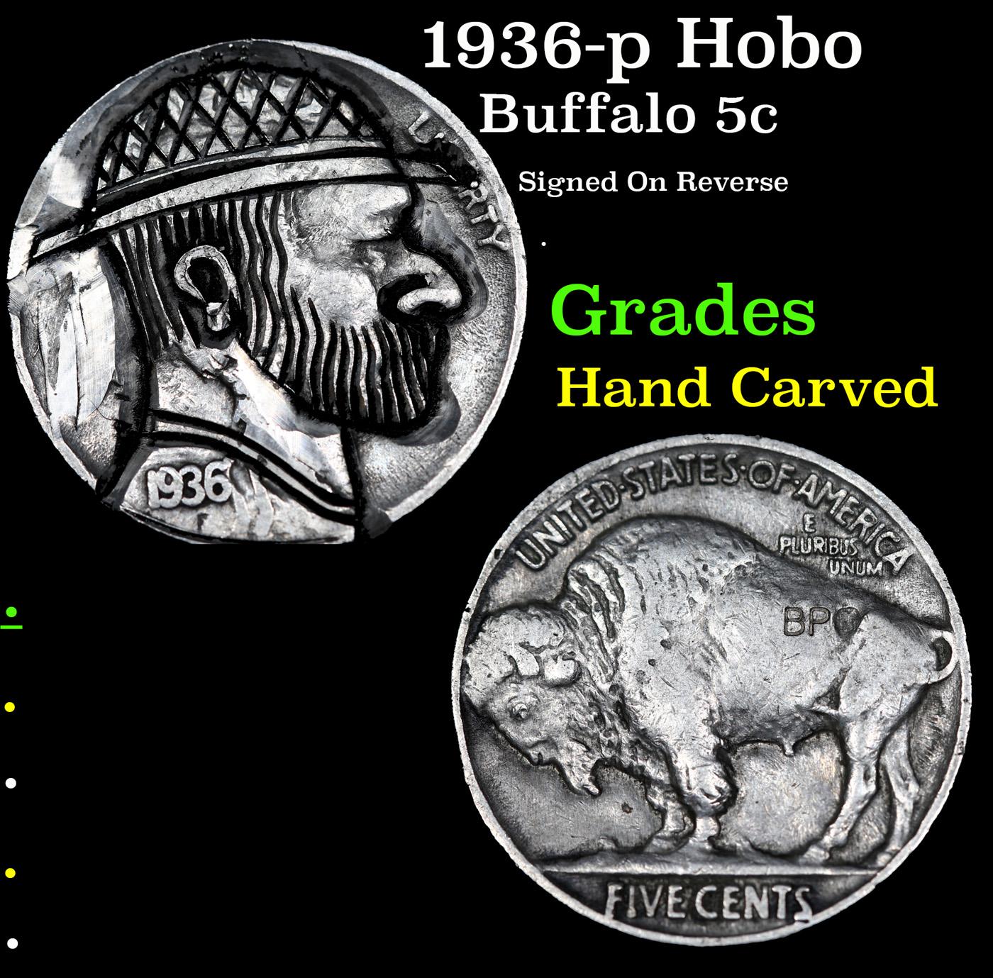 1936-p Hobo Buffalo Nickel 5c Grades Hand Carved