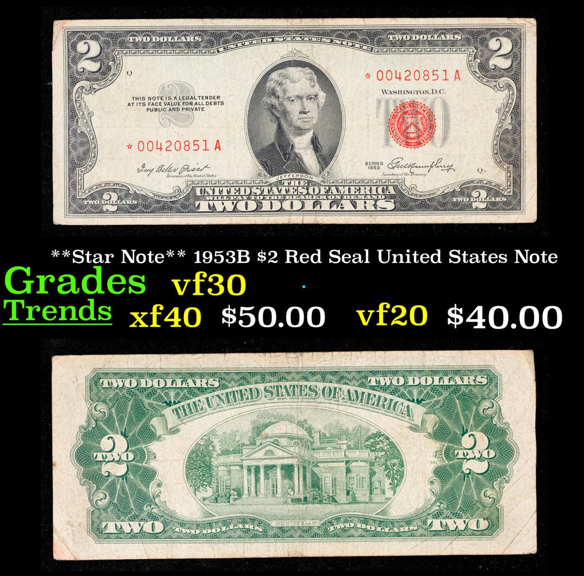 **Star Note** 1953B $2 Red Seal United States Note Grades vf++