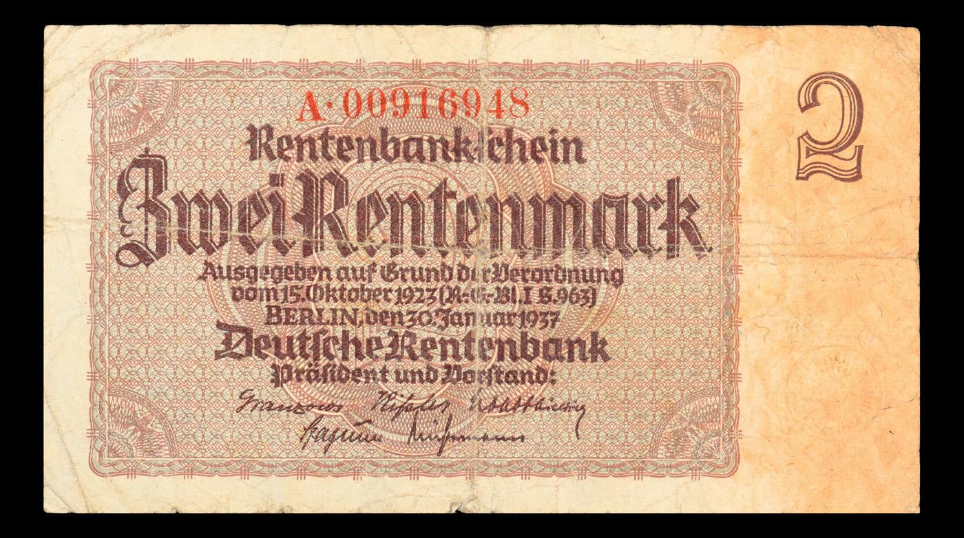 1937 Germany 2 Rentenmark Note P# 174b vf+