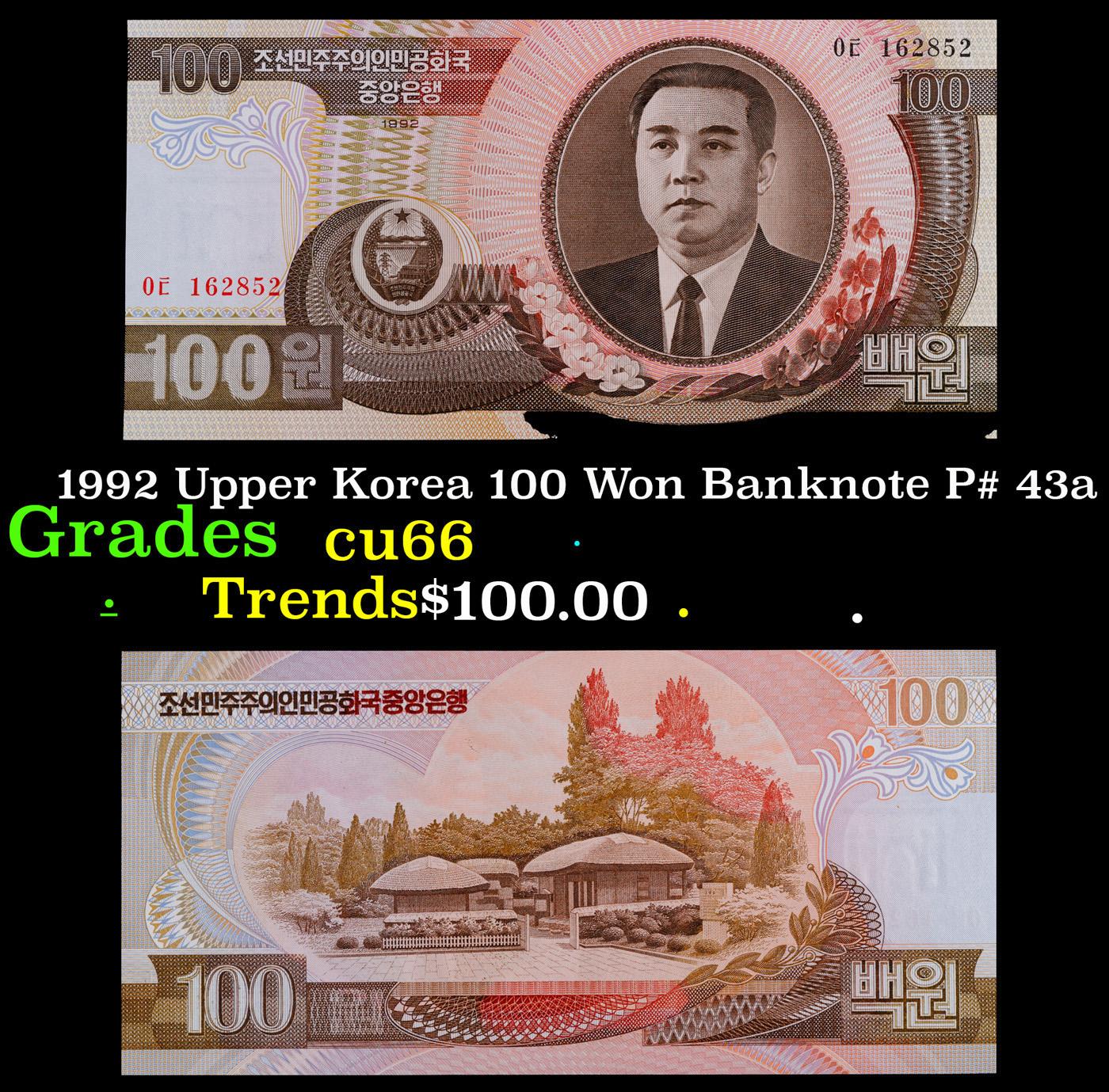 1992 Upper Korea 100 Won Banknote P# 43a Grades Gem+ CU