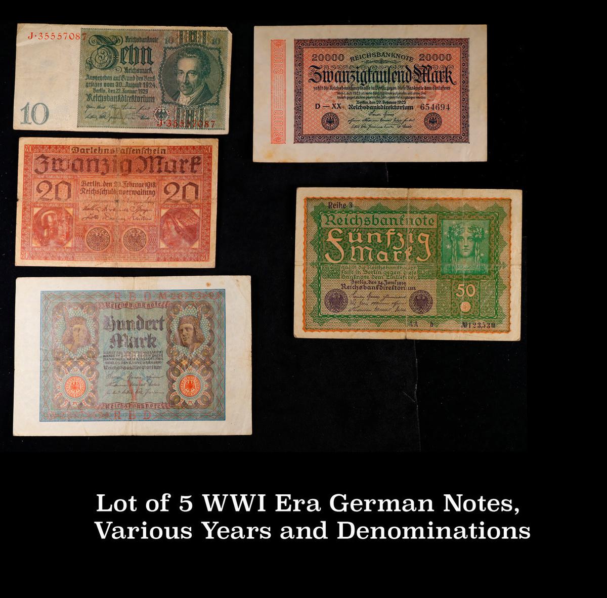 Lot of 5 WWI Era German Notes, Various Years and Denominations Grades