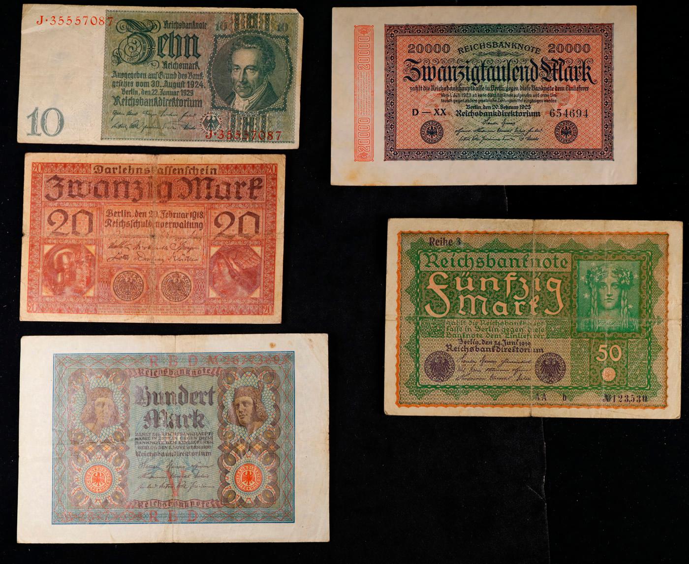 Lot of 5 WWI Era German Notes, Various Years and Denominations Grades