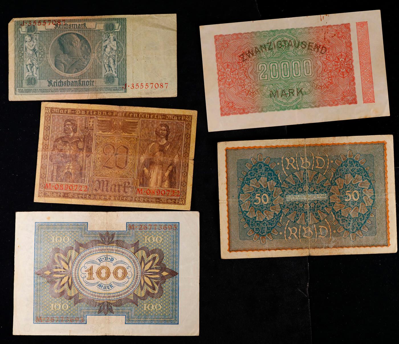 Lot of 5 WWI Era German Notes, Various Years and Denominations Grades