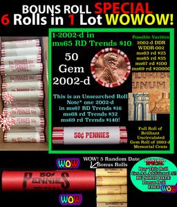 THIS AUCTION ONLY! BU Shotgun Lincoln 1c roll, 2002-d 50 pcs Plus THREE bonus random date BU roll! B