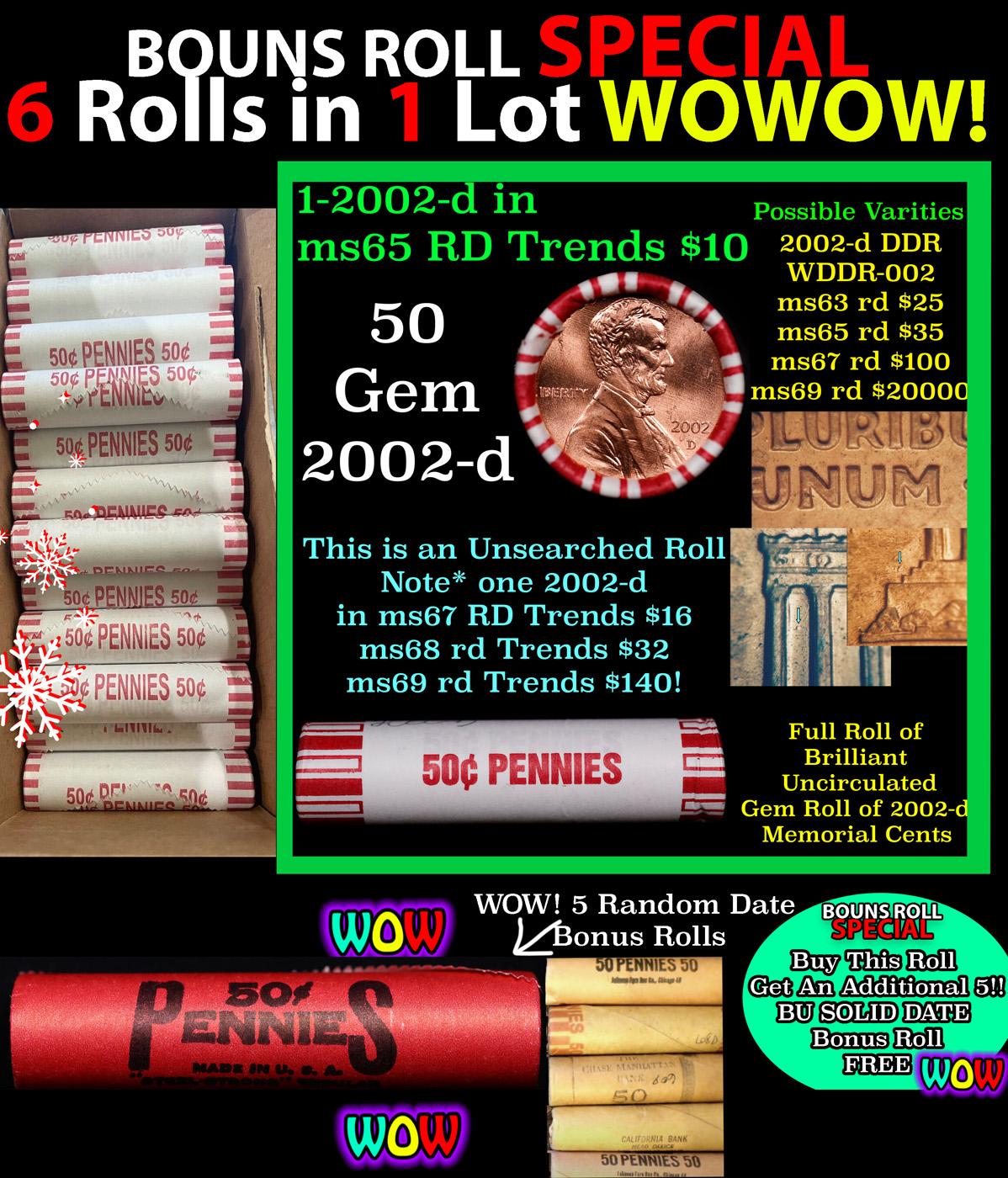 THIS AUCTION ONLY! BU Shotgun Lincoln 1c roll, 2002-d 50 pcs Plus THREE bonus random date BU roll! B