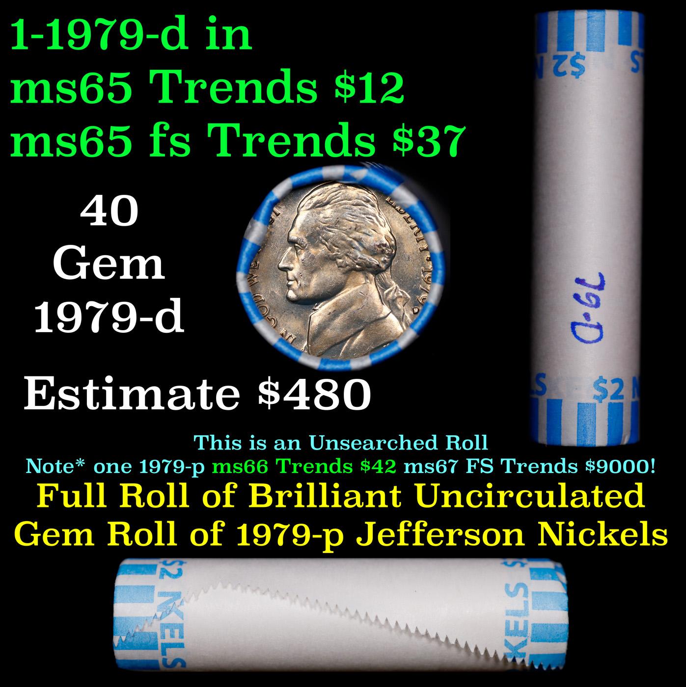 BU Shotgun Jefferson 5c roll, 1979-d 40 pcs Bank $2 Nickel Wrapper