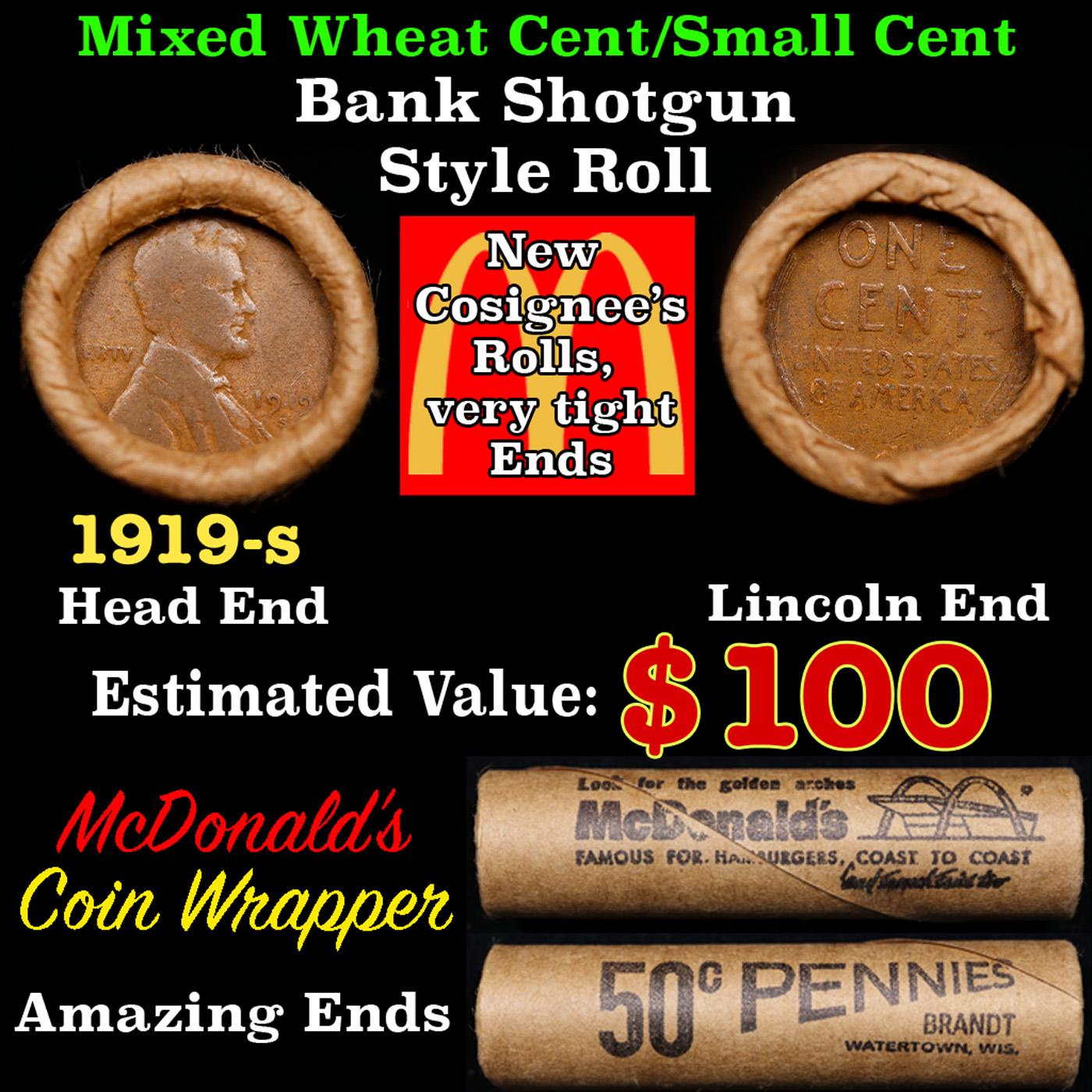 Lincoln Wheat Cent 1c Mixed Roll Orig Brandt McDonalds Wrapper, 1919-s end, Wheat other end