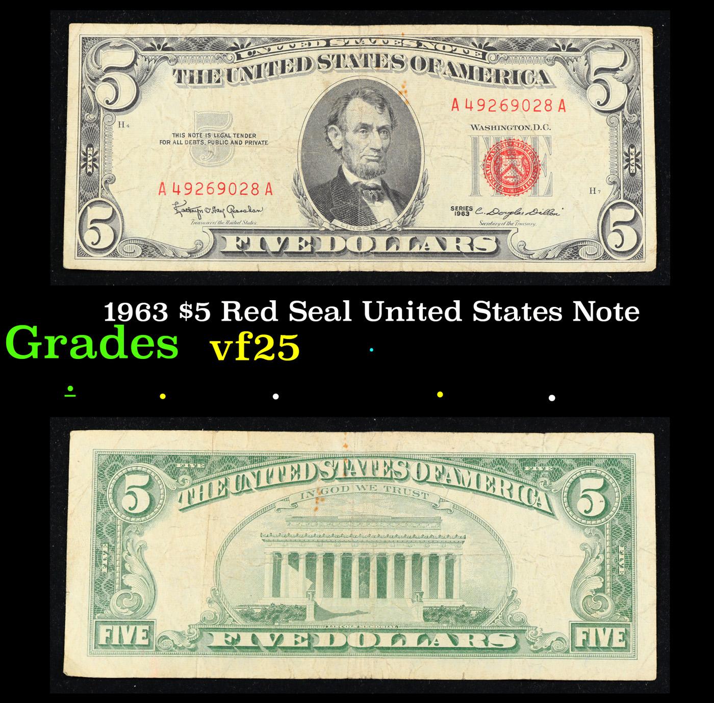1963 $5 Red Seal United States Note Grades vf+