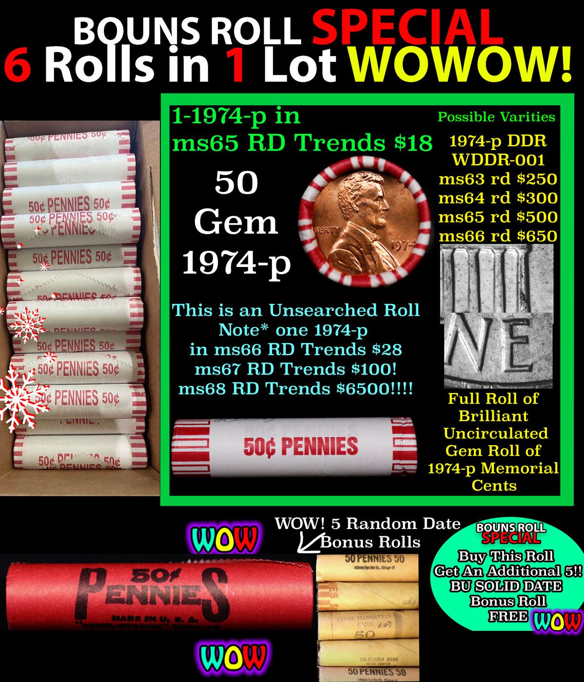 THIS AUCTION ONLY! BU Shotgun Lincoln 1c roll, 1974-p 50 pcs Plus FIVE bonus random date BU roll! Ba