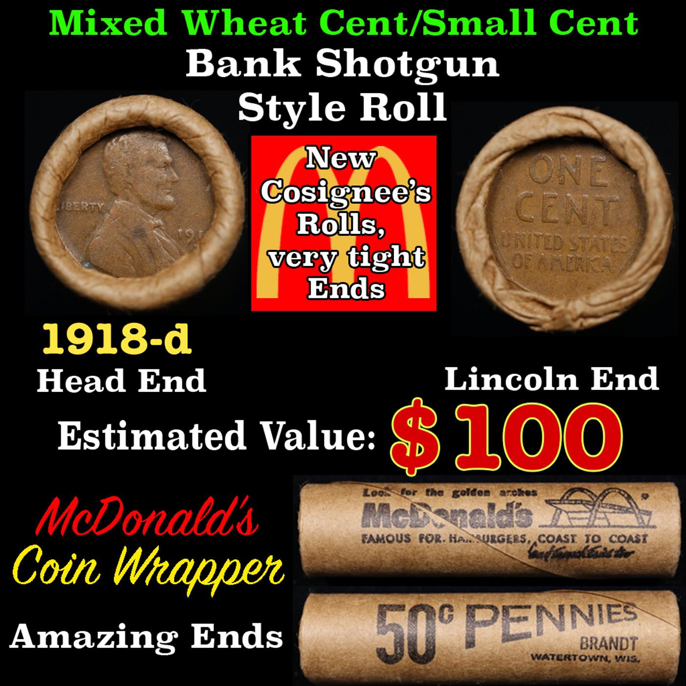 Lincoln Wheat Cent 1c Mixed Roll Orig Brandt McDonalds Wrapper, 1918-d end, Wheat other end