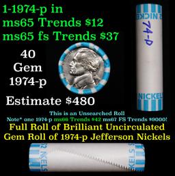 BU Shotgun Jefferson 5c roll, 1974-p 40 pcs Bank $2 Nickel Wrapper