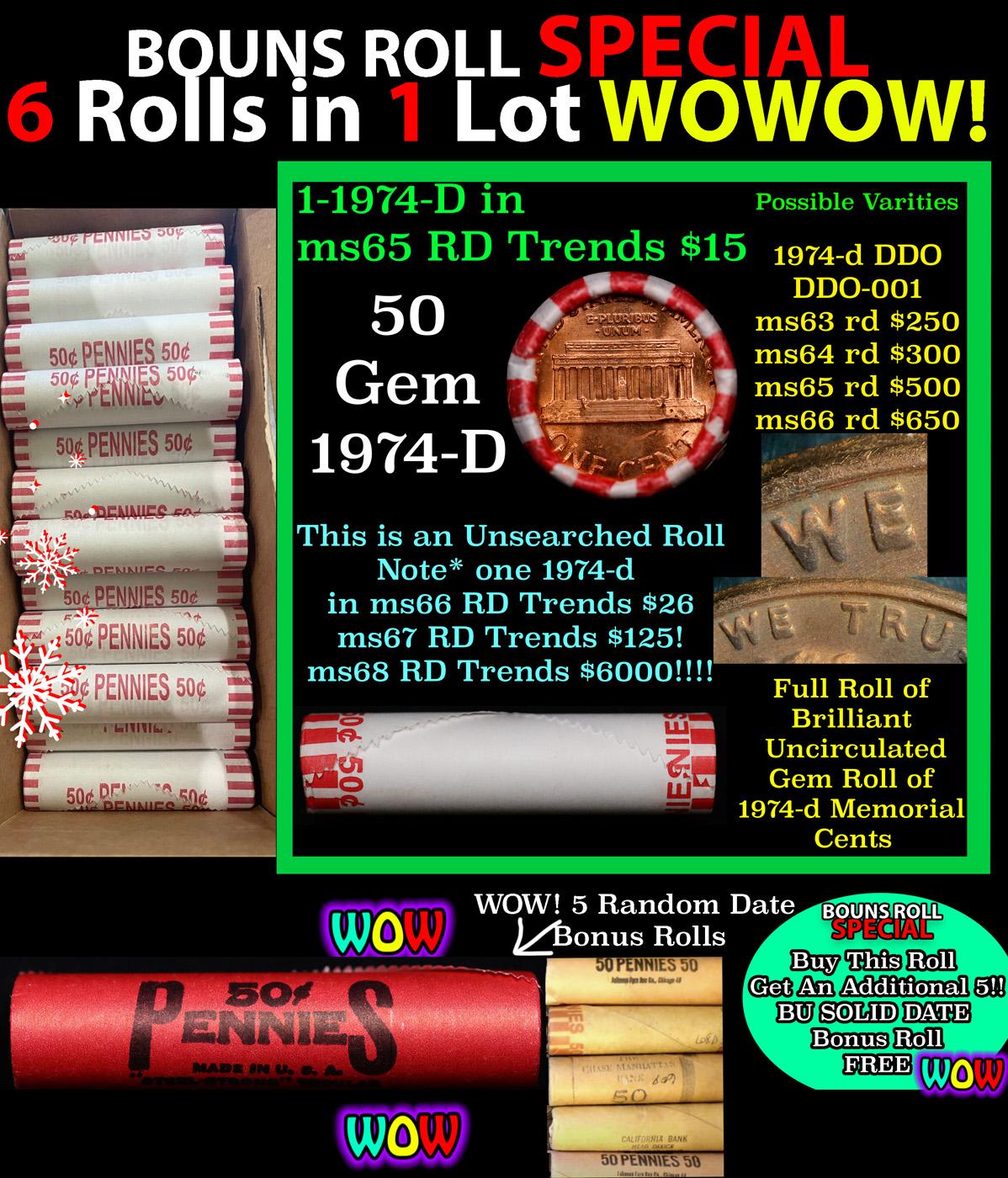 THIS AUCTION ONLY! BU Shotgun Lincoln 1c roll, 1979-d 50 pcs Plus FIVE bonus random date BU roll! Ba