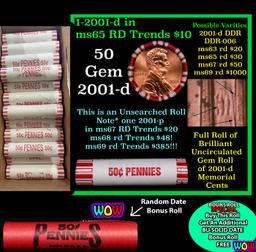 THIS AUCTION ONLY! BU Shotgun Lincoln 1c roll, 2001-d 50 pcs Plus one bonus random date BU roll! Ban