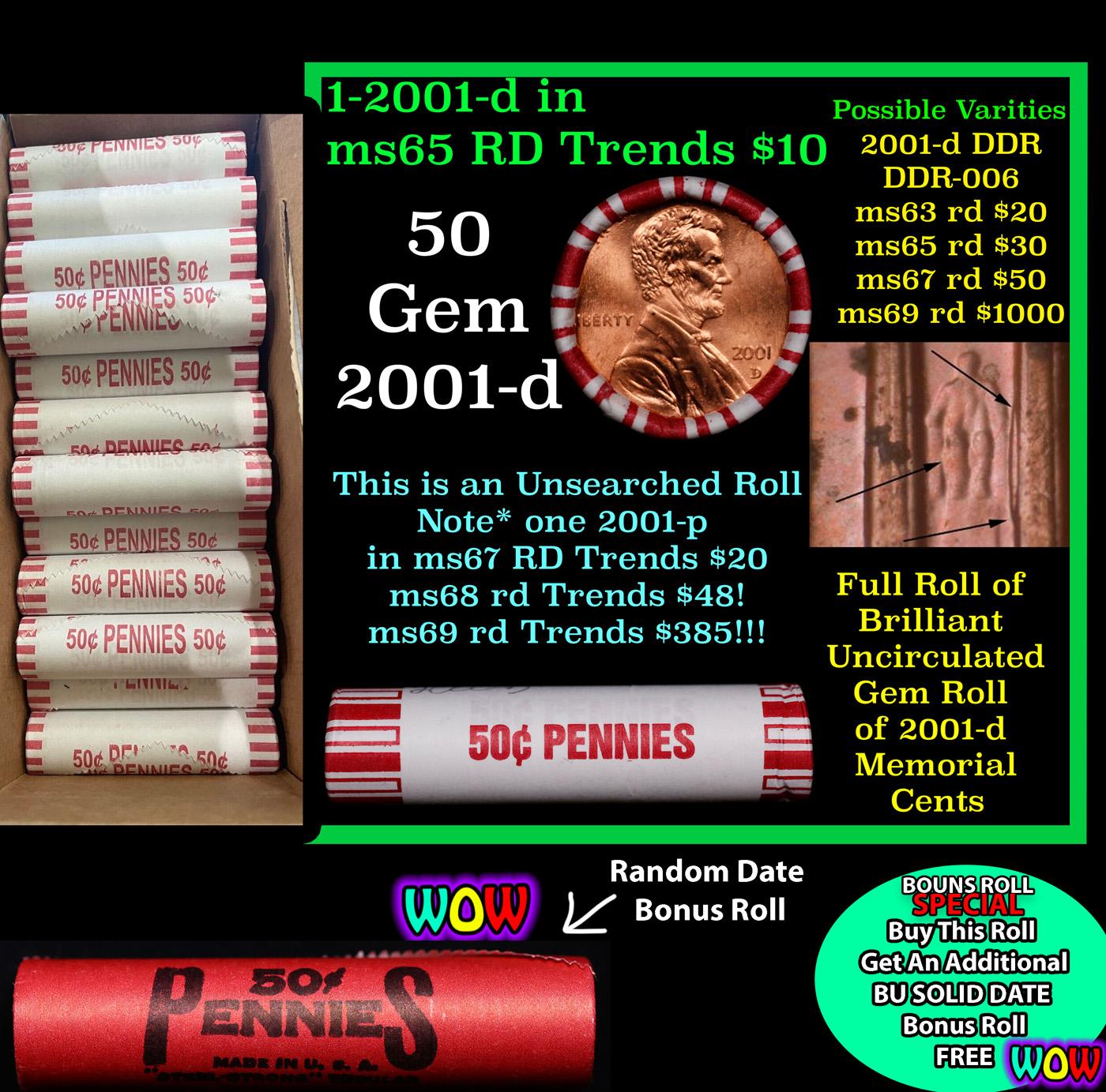 THIS AUCTION ONLY! BU Shotgun Lincoln 1c roll, 2001-d 50 pcs Plus one bonus random date BU roll! Ban