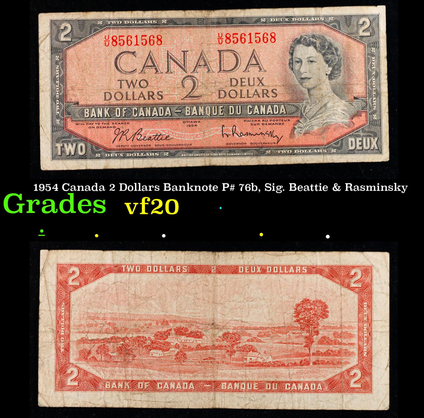 1954 Canada 2 Dollars Banknote P# 76b, Sig. Beattie & Rasminsky Grades vf, very fine