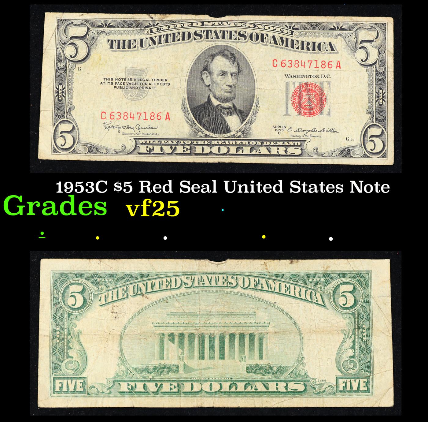 1953C $5 Red Seal United States Note Grades vf+