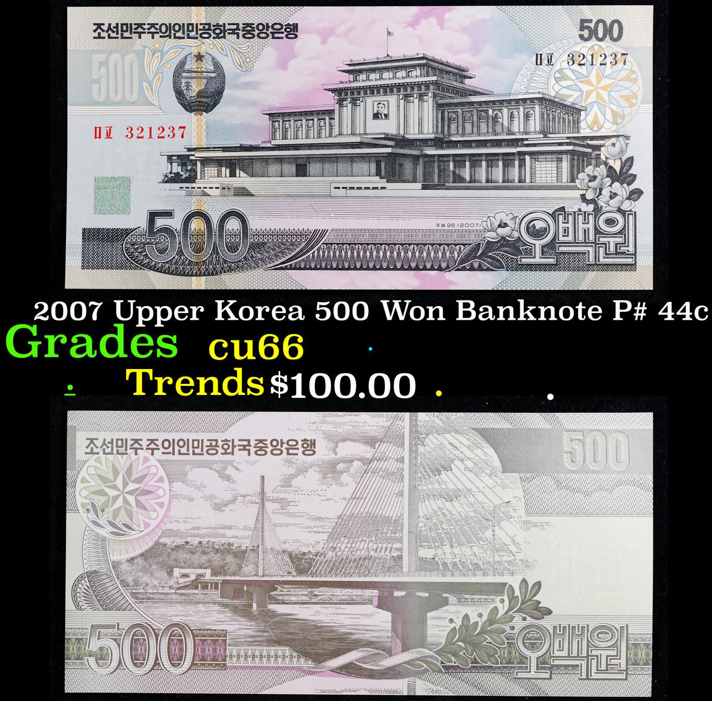 2007 Upper Korea 500 Won Banknote P# 44c Grades Gem+ CU