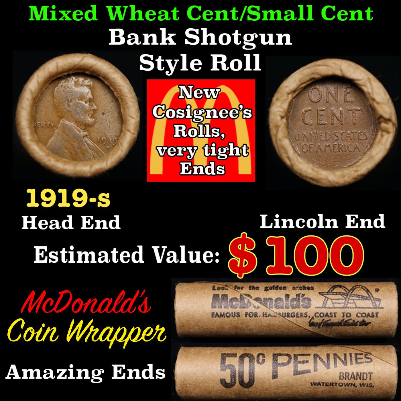 Lincoln Wheat Cent 1c Mixed Roll Orig Brandt McDonalds Wrapper, 1919-s end, Wheat other end