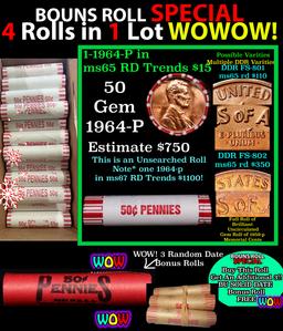 THIS AUCTION ONLY! BU Shotgun Lincoln 1c roll, 1964-p 50 pcs Plus THREE bonus random date BU roll! B