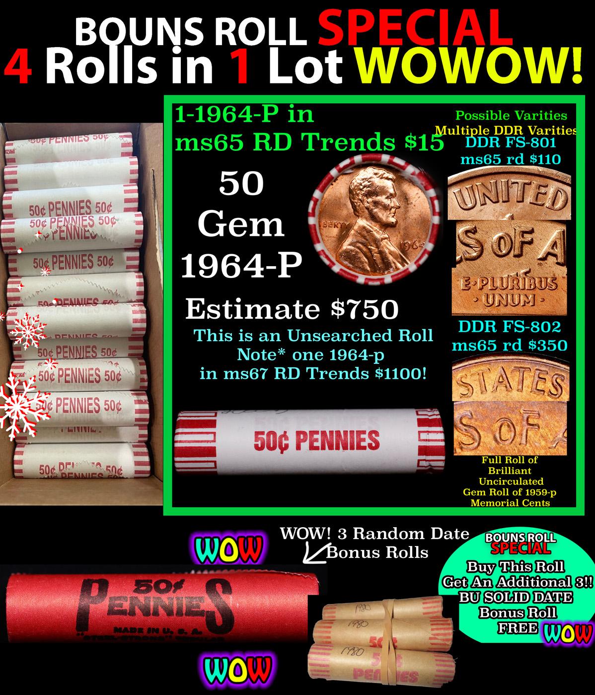 THIS AUCTION ONLY! BU Shotgun Lincoln 1c roll, 1964-p 50 pcs Plus THREE bonus random date BU roll! B