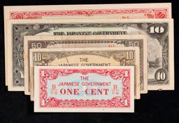 Lot of 5 Japanese WWII Invasion Money "JIM" Notes, Various Countries & Denominations Grades