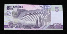 2002 Upper Korea 5 Won Banknote P# 58s, Specimen Grades Gem+ CU