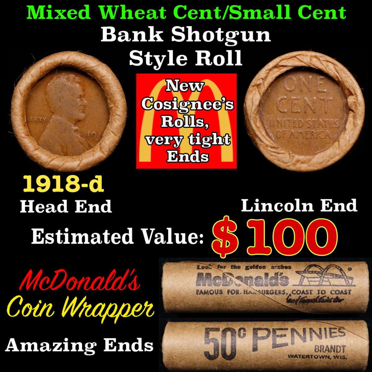 Lincoln Wheat Cent 1c Mixed Roll Orig Brandt McDonalds Wrapper, 1918-d end, Wheat other end