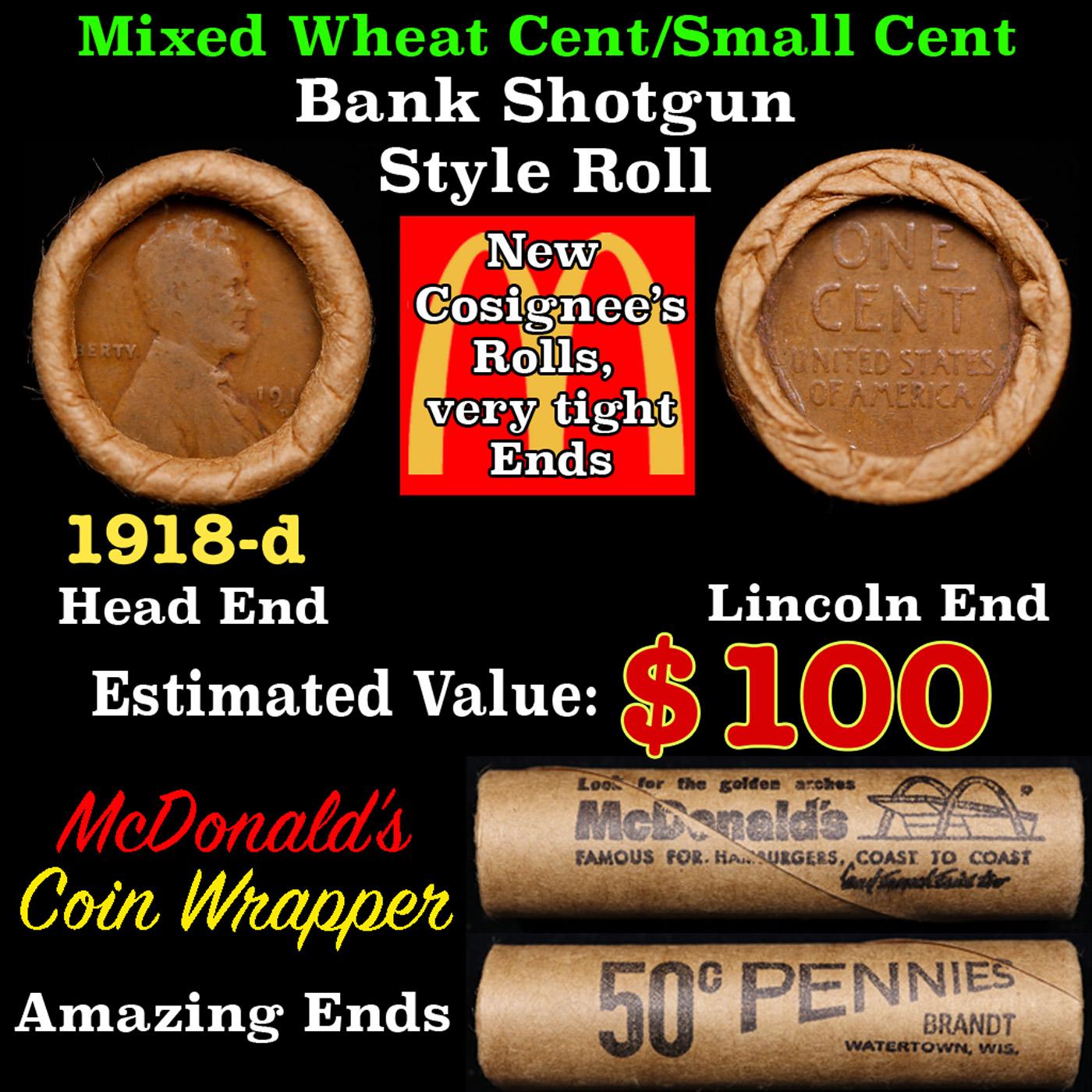 Lincoln Wheat Cent 1c Mixed Roll Orig Brandt McDonalds Wrapper, 1918-d end, Wheat other end