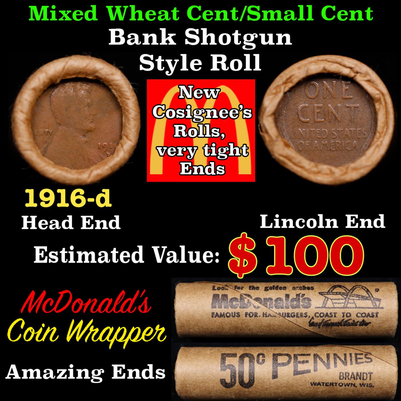 Lincoln Wheat Cent 1c Mixed Roll Orig Brandt McDonalds Wrapper, 1916-d end, Wheat other end