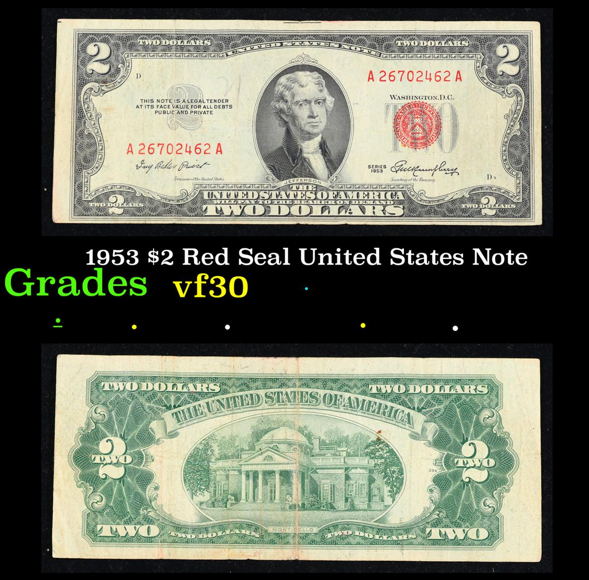 1953 $2 Red Seal United States Note Grades vf++