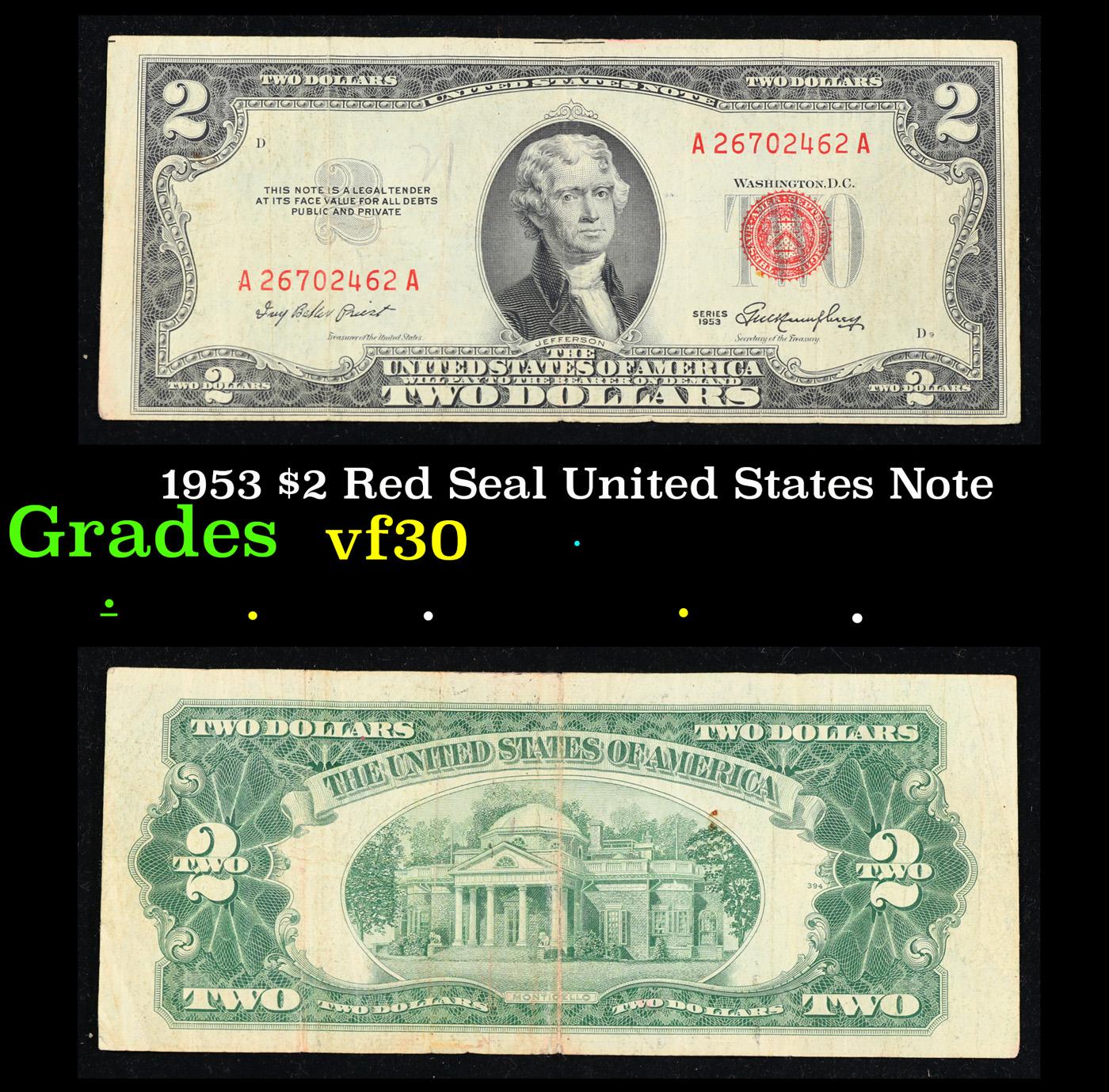 1953 $2 Red Seal United States Note Grades vf++
