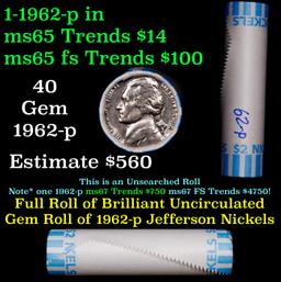 BU Shotgun Jefferson 5c roll, 1962-p 40 pcs Bank $2 Nickel Wrapper