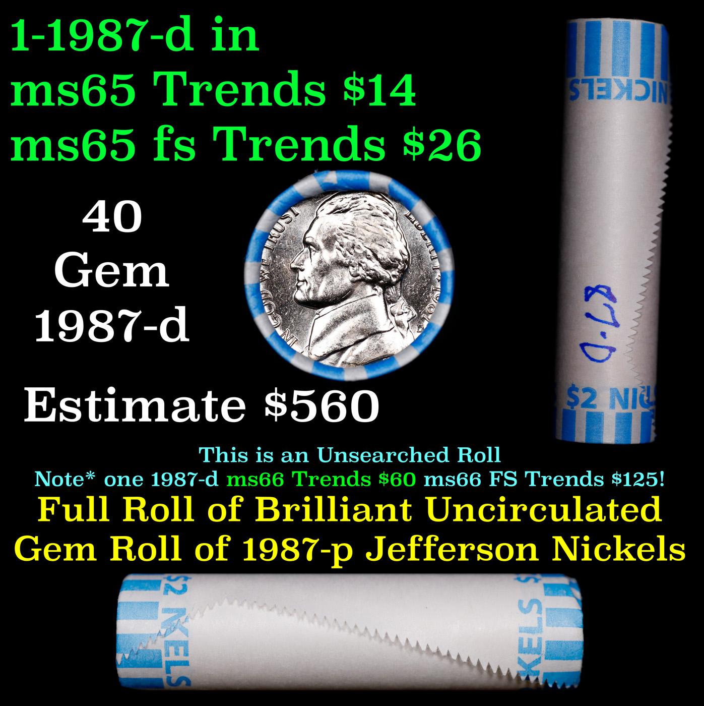 BU Shotgun Jefferson 5c roll, 1987-d 40 pcs Bank $2 Nickel Wrapper