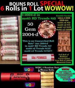 THIS AUCTION ONLY! BU Shotgun Lincoln 1c roll, 2004-d 50 pcs Plus FIVE bonus random date BU roll! Ba