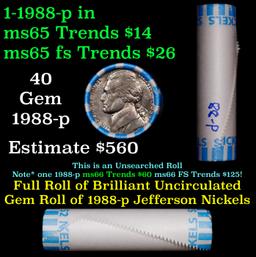 BU Shotgun Jefferson 5c roll, 1988-p 40 pcs Bank $2 Nickel Wrapper