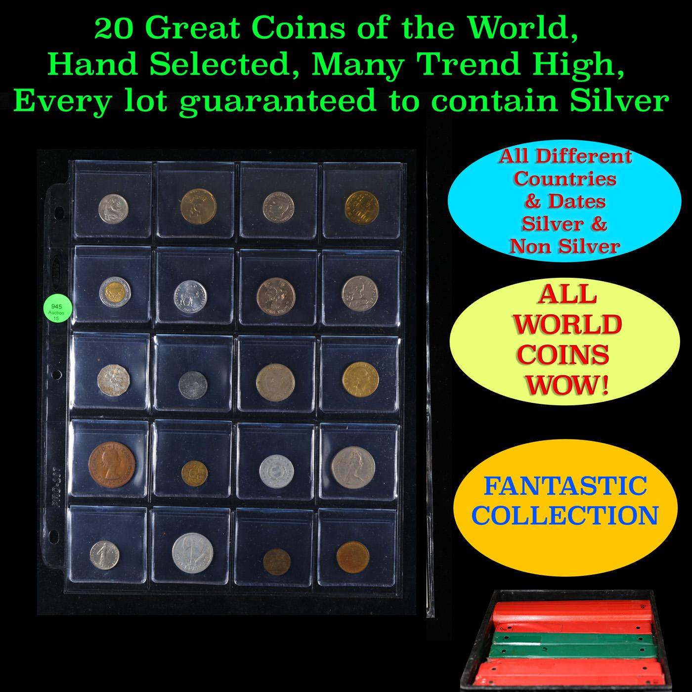 20 Great Coins of the World, hand selected, many trend high, every lot guaranteed to contain Silver.