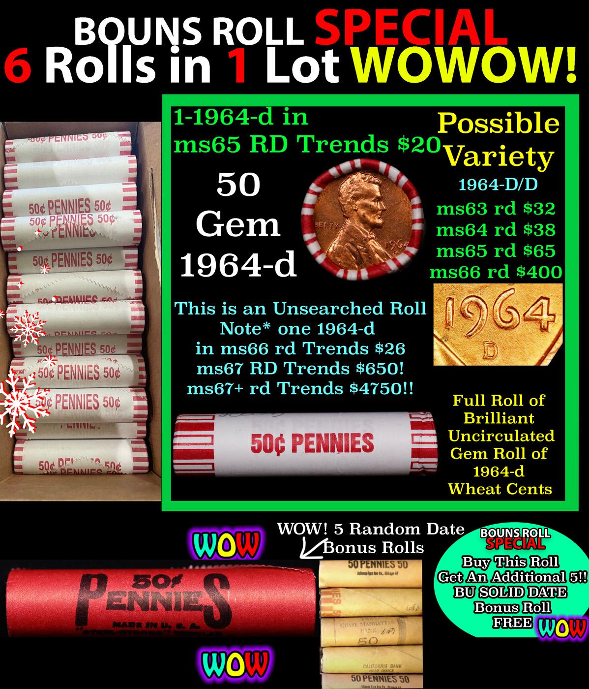 THIS AUCTION ONLY! BU Shotgun Lincoln 1c roll, 1964-d 50 pcs Plus FIVE bonus random date BU roll! Ba