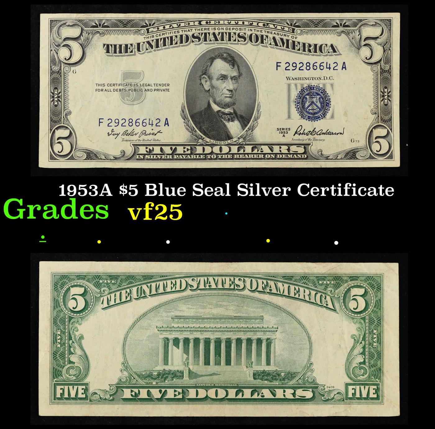 1953A $5 Blue Seal Silver Certificate Grades vf+