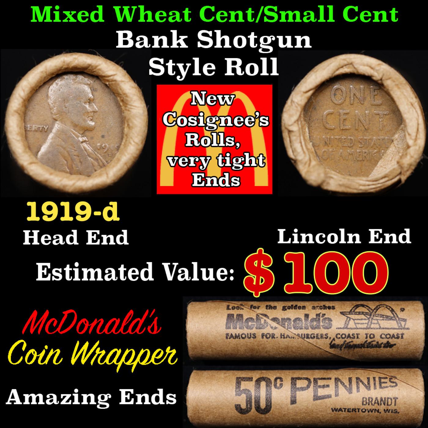 Lincoln Wheat Cent 1c Mixed Roll Orig Brandt McDonalds Wrapper, 1919-d end, Wheat other end