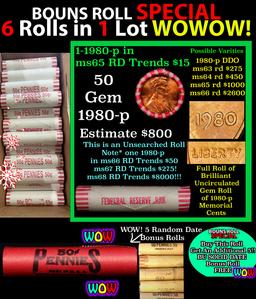 THIS AUCTION ONLY! BU Shotgun Lincoln 1c roll, 1980-p 50 pcs Plus FIVE bonus random date BU roll! Ba