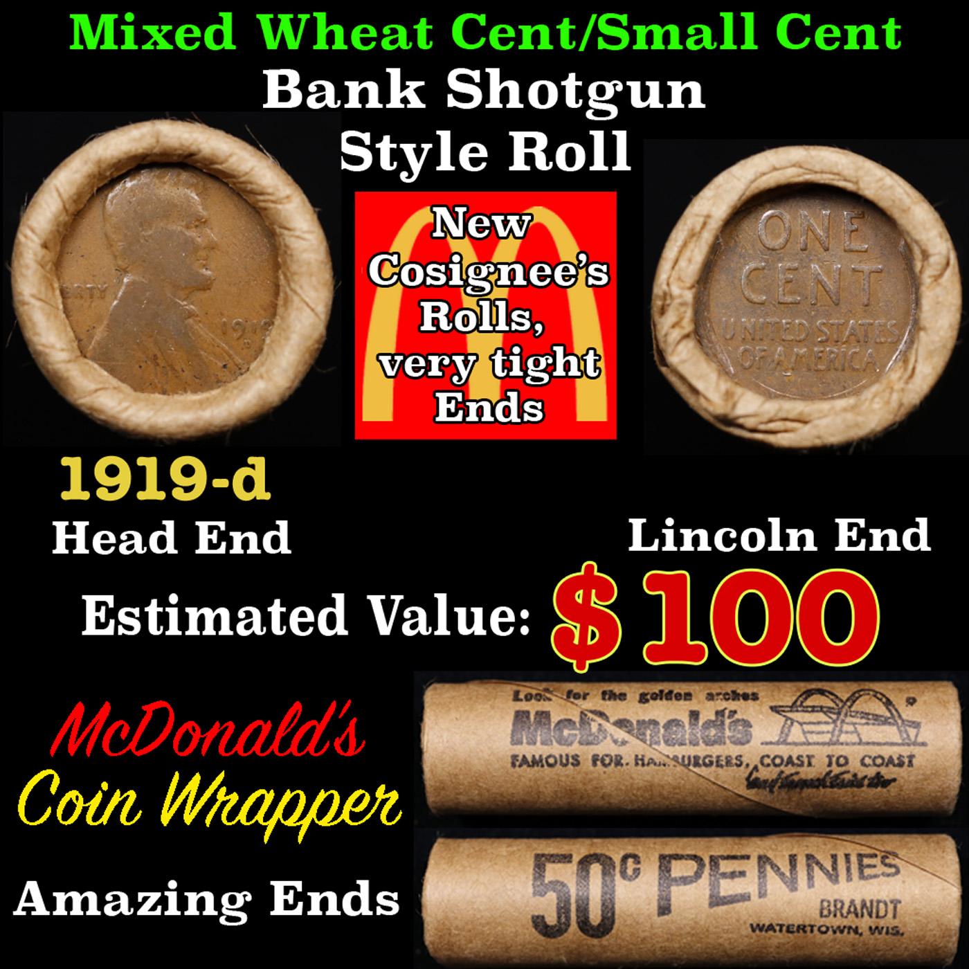 Lincoln Wheat Cent 1c Mixed Roll Orig Brandt McDonalds Wrapper, 1919-d end, Wheat other end