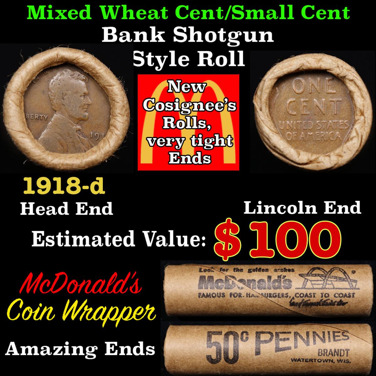 Lincoln Wheat Cent 1c Mixed Roll Orig Brandt McDonalds Wrapper, 1918-d end, Wheat other end