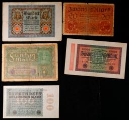 Lot of 5 German WWI Era And Hyperinflation Notes Grades