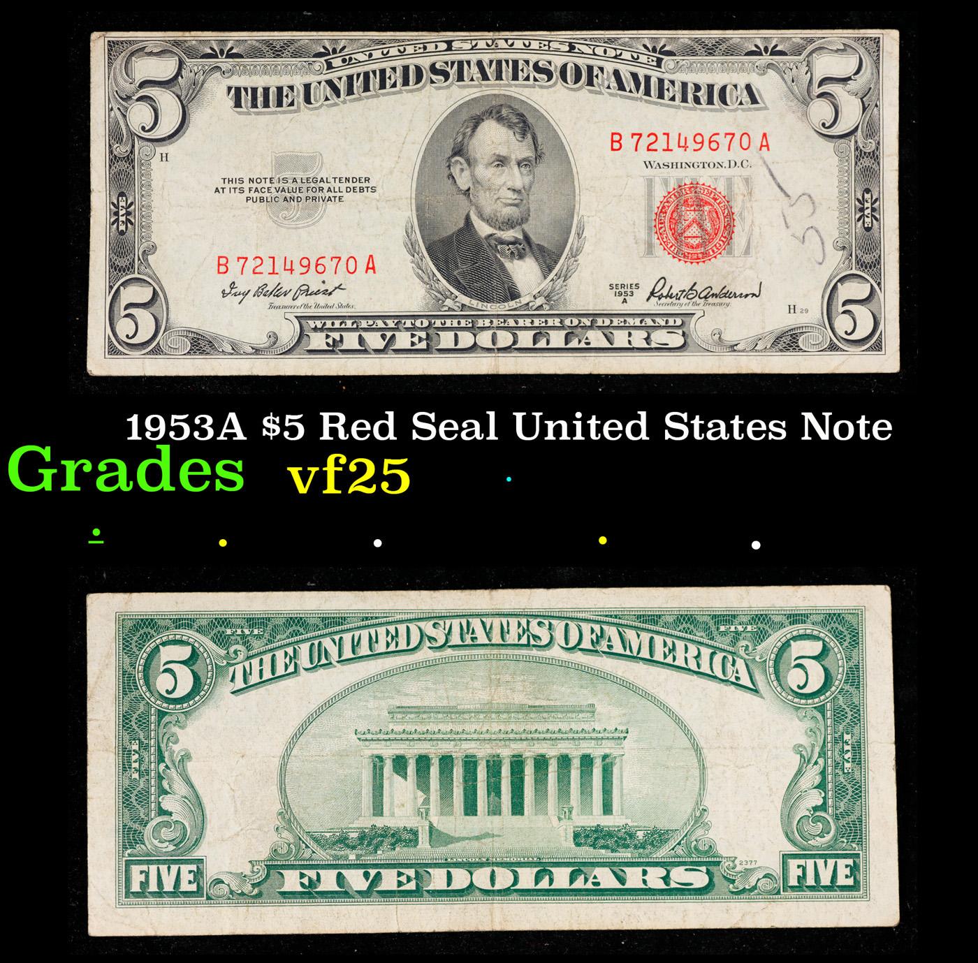 1953A $5 Red Seal United States Note Grades vf+