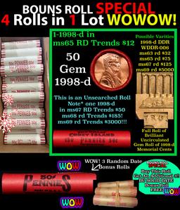 THIS AUCTION ONLY! BU Shotgun Lincoln 1c roll, 1998-d 50 pcs Plus THREE bonus random date BU roll! B