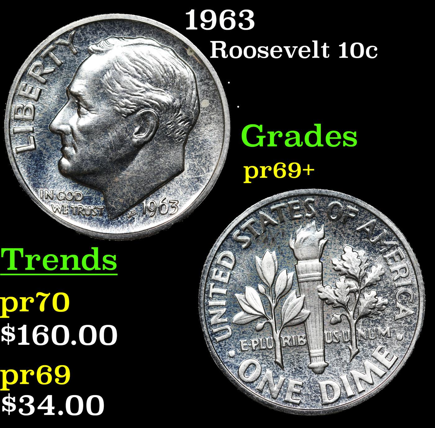 Proof 1963 Roosevelt Dime 10c Grades GEM++ Proof